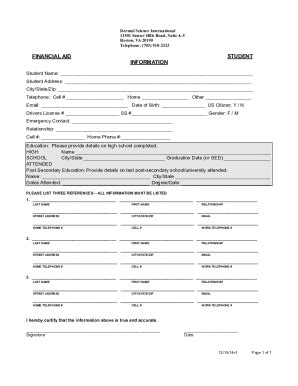 Fillable Online Financial Aid Information Form Dsiacademy Edu Fax