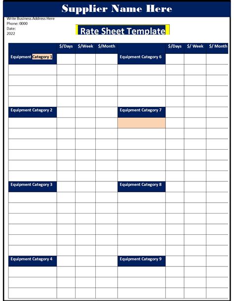 Rate Sheet Template - Excel Word Template