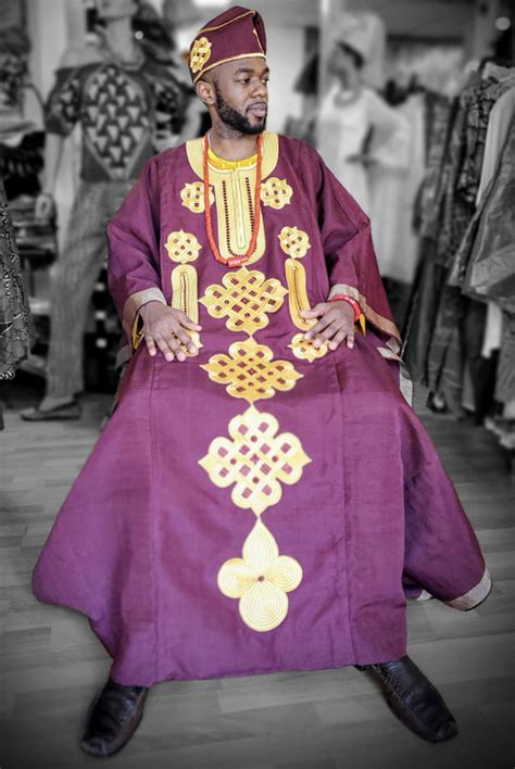 Burgundy Gold African Aso Oke Agbada Grand Boubou Dpaw700