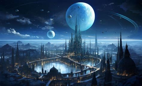 Concept Art of an Alien City Stock Illustration - Illustration of moons, lake: 315120668