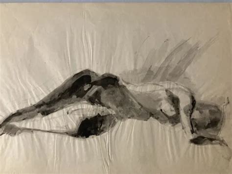 VERY NICE DRAWING Lavis Ink Naked Woman Sideways Bed Erotic 1960 To