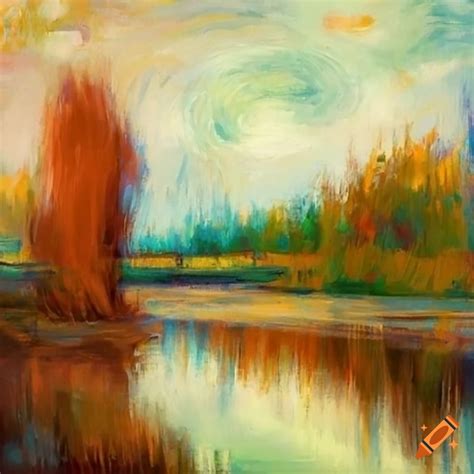 Abstract Impressionistic Painting Of A River With Boats And Forest