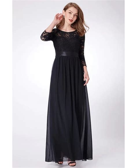 69 Elegant Black Long Chiffon Evening Dress With Lace Sleeves