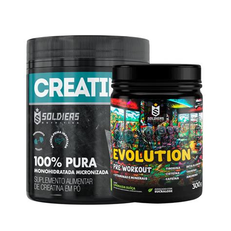 Kit Creatina Monohidratada Pote 300g 100 Pura Pré Treino Evolution