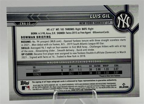 Luis Gil Bowman Chrome Rookie Autograph Yankees Ebay