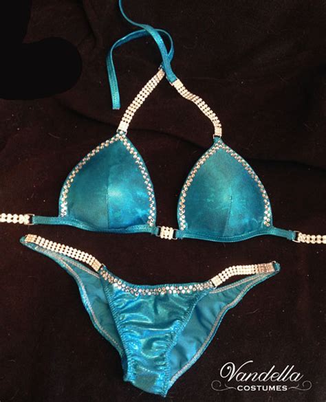 Turquoise Bikini Competition Suit With Rhinestone Connectors