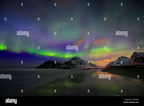aurora borealis northern lights lofoten islands norway stock photo