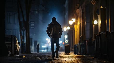 Un Hombre Caminando Por Una Calle De Noche Foto Premium