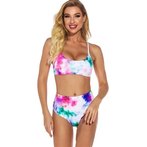 Maillot de bain Femme 2 pièces taille haute Bikini tie dye Rose