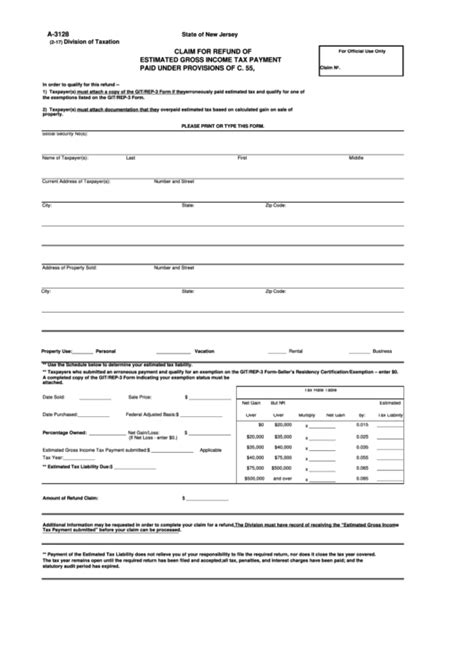 Fillable Form A 3128 Claim For Refund Of Estimated Gross Income Tax