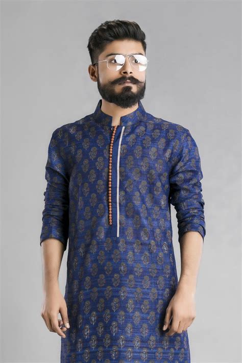 Navy Blue Tussar Silk Block Printed Mens Kurta Shahi Styles