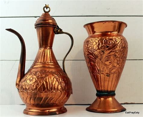 Vintage Copper And Brass Pitcher And Vase Set Made In Turkey