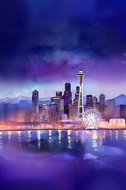 Premium Photo | Purple and blue night sky with a ferris wheel and a ...