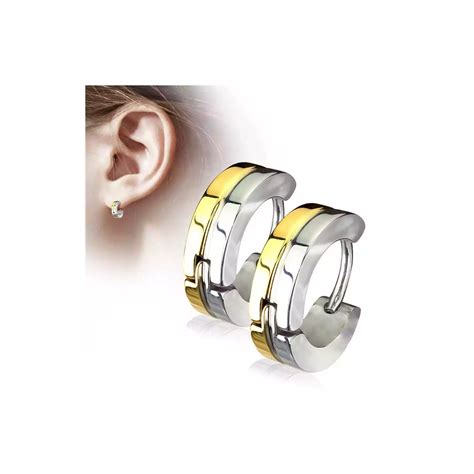 Paire De Boucles D Oreilles Femme Homme Bande Bicolore Acier Et Or