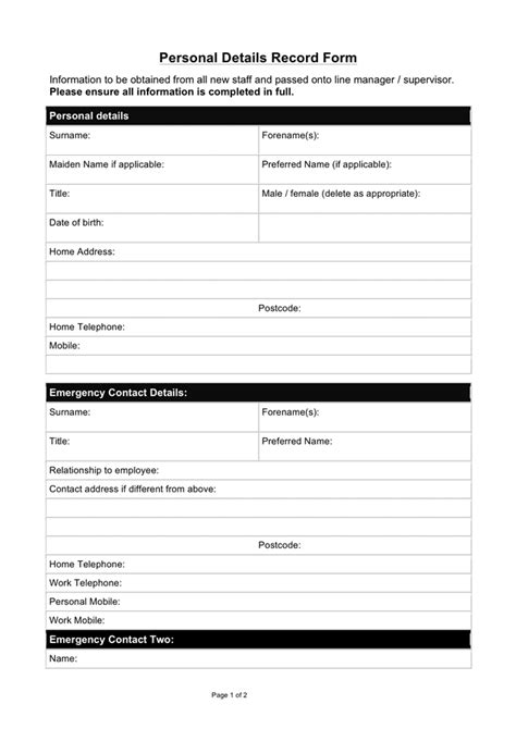 Personal Details Record Form In Word And Pdf Formats