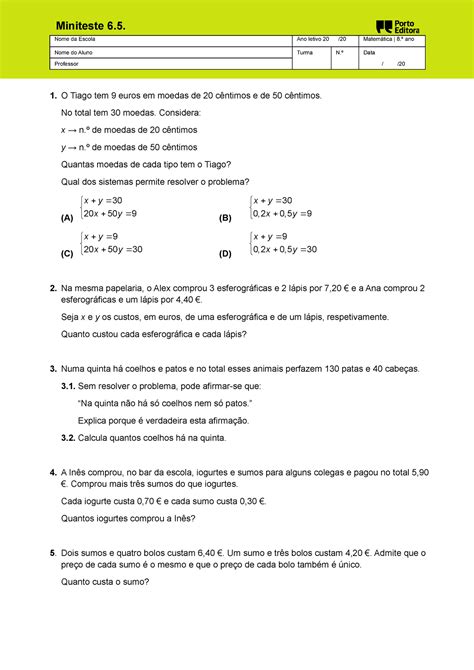 Ma8 6 miniteste 5 8ºano 1 O Tiago tem 9 euros em moedas de 20