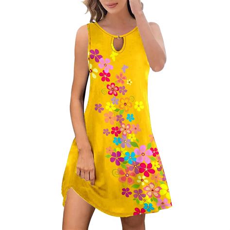 Summer Dresses For Women 2024 Midi Summer Dresses Trendy Boho Floral Print Cover Up Crew Neck