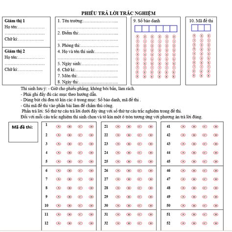 Tổng hợp các mẫu phiếu làm bài thi trắc nghiệm mới chuẩn năm 2024 Tải