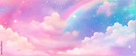 Rainbow Unicorn Pastel Background With Glitter Stars Pink Fantasy Sky