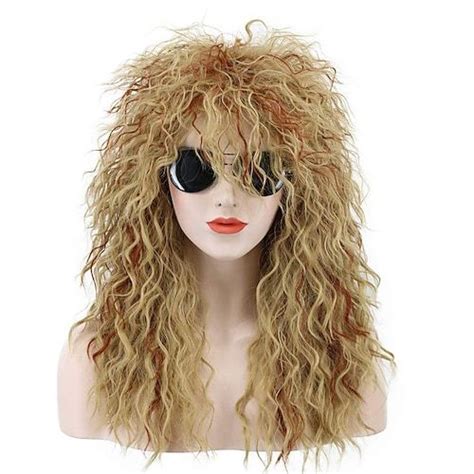 Men Women Long Curly Orange Mix Blonde 70s Heavy Metal Rocker Mullet Wig 80s Costume Anime Wig