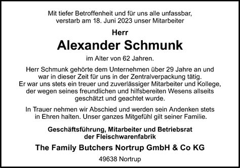 Traueranzeigen Von Alexander Schmunk Noz Trauerportal