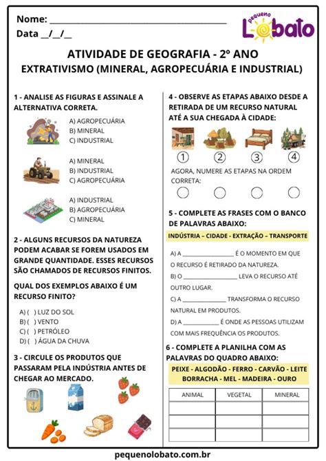 Atividades Sobre Extrativismo 2 Ano - Atividades de Geografia 2º ano - Atividades Extrativas (Minerais ...