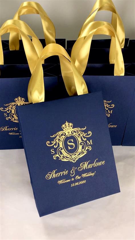 Navy Blue And Gold Wedding Monogram Gift Bags With Satin Etsy Artofit