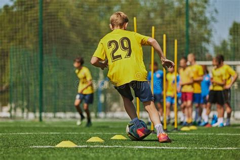 Developing Soccer Skills. Football Players, Boys in Uniforms Practicing on Outdoor Stadium on ...