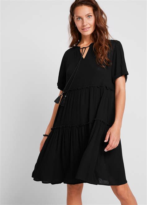 Figurumspielendes Crinkle Kleid Im Kaftan Look Mit Volants Schwarz