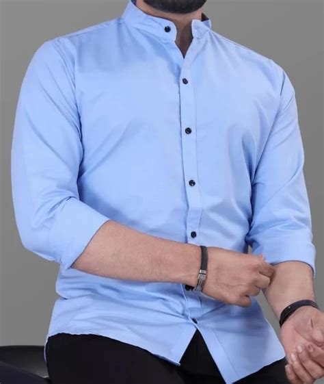 Mens Sky Blue Plain Stand Collar Cotton Shirt Casual Full Sleeves At