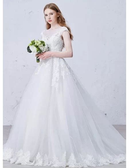 Romantic Ball Gown Scoop Neck Sweep Train Tulle Wedding Dress With Appliques Lace Ty004 336