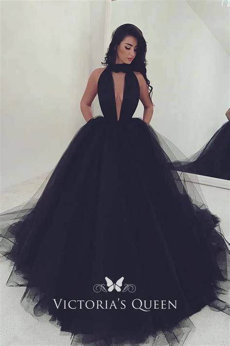 Gorgeous Black Tulle Plunging High Neckline Ball Gown Prom Dress