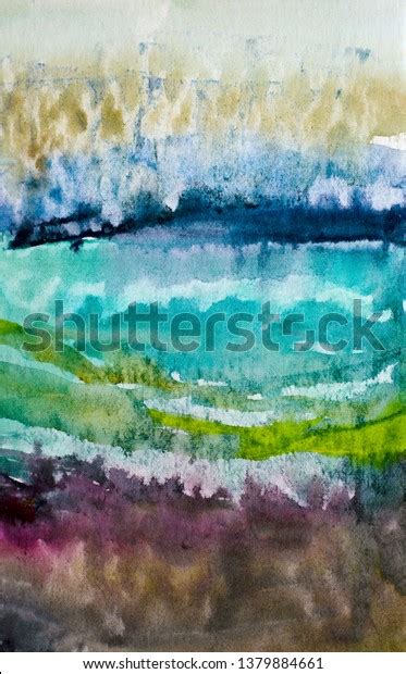 Sketch Beautiful Landscape Seashore Painted Watercolor Stock