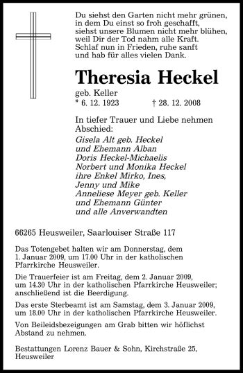 Traueranzeigen Von Theresia Heckel Saarbruecker Zeitung Trauer De