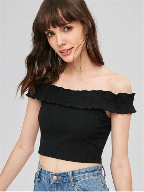 Frill Off The Shoulder Ribbed Crop Top Black M Ribbed Crop Top