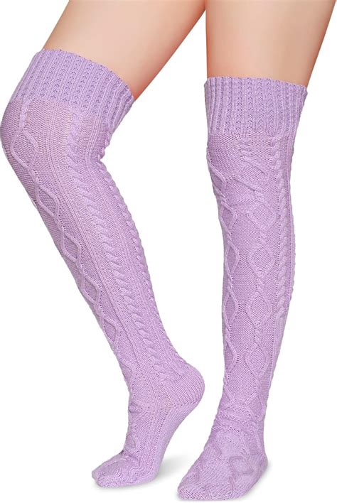 Pareberry Womens Winter Soft Over The Knee High Cable Boot Socks Knit Leg Warmers A06 Purple