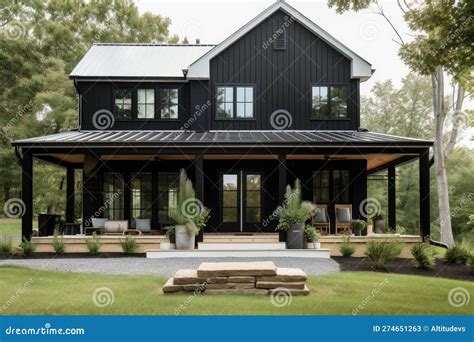 Elegant and Modern Farmhouse Exterior with Black Siding, White Trim, and a Porch Swing Stock ...