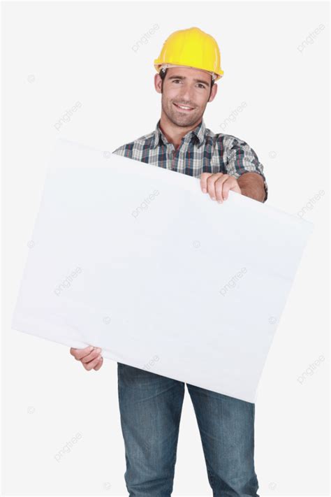 Male Construction Worker Holding Blank Advertising Board Man Banner