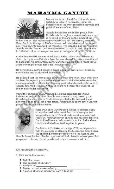 Mahatma Gandhi Esl Worksheet By Moramoran Phonics Printables