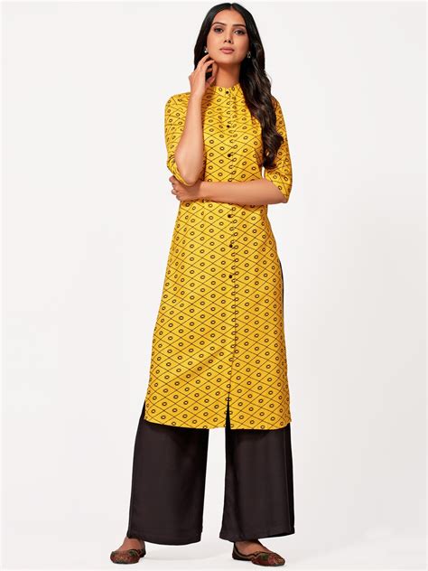 Buy Mimosa Women Mustard Yellow Mustard Yellow And Black Printed Straight Kurta Kurtas For Women