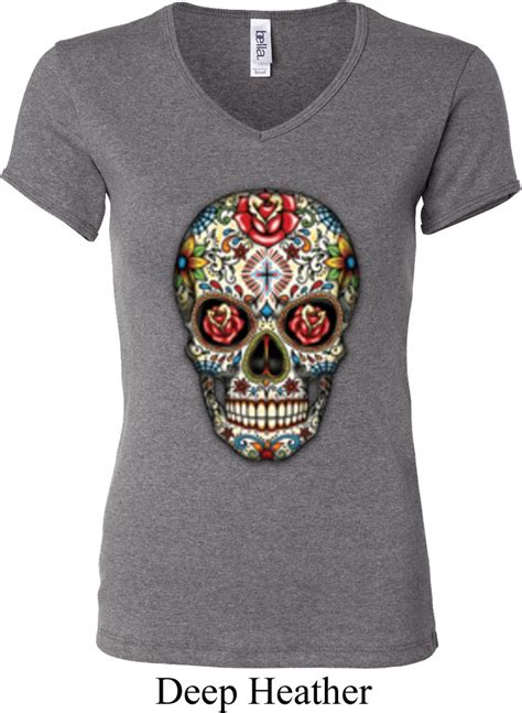 Ladies Skull Shirt Sugar Skull With Roses V Neck Tee T Shirt Sugar