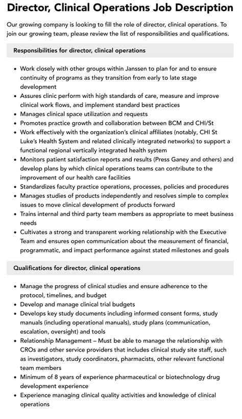 Director Clinical Operations Job Description Velvet Jobs