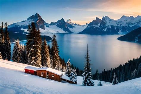 Premium Photo | A cabin in the snow with mountains in the background