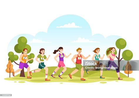 Ilustrasi Lomba Maraton Dengan Orang Berlari Turnamen Olahraga Jogging