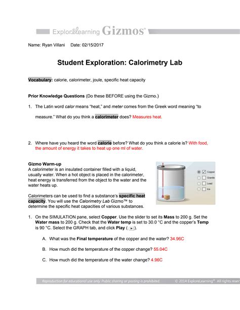 Solution Student Exploration Calorimetry Lab Vocabulary Calorie