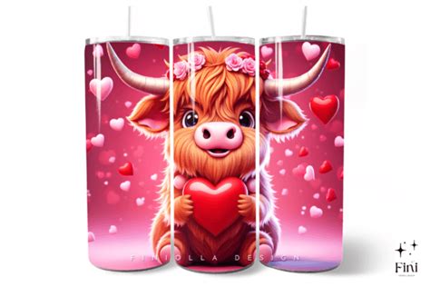 3D Highland Cow Valentines Tumbler Wraps Graphic By Finiolla Design