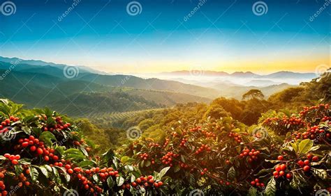 Red Coffee Beans on a Branch, Coffee Plantation Hills, Beautiful Landscape Background Stock ...