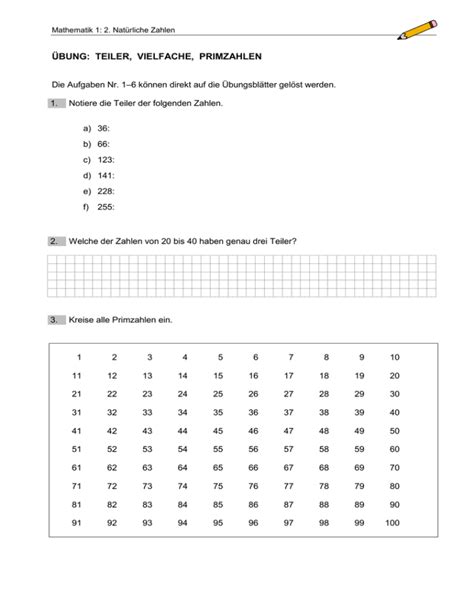 Übung Teiler Vielfache Primzahlen