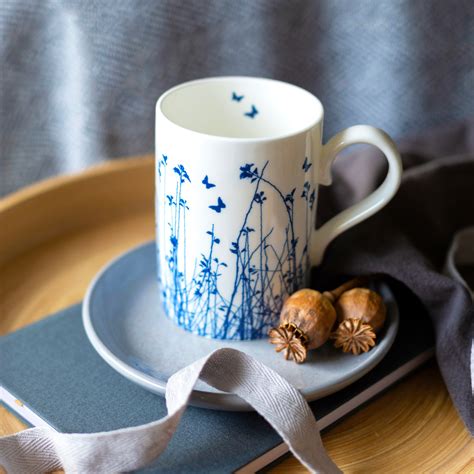 Set of 8 Large Fine Bone China Mugs, Blue and White, Fine China Mugs ...