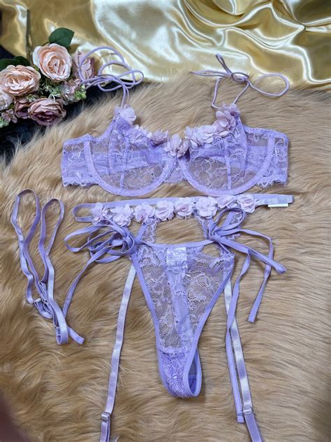 Romantic Lilac Sheer Garter Belt Lingerie Set Etsy